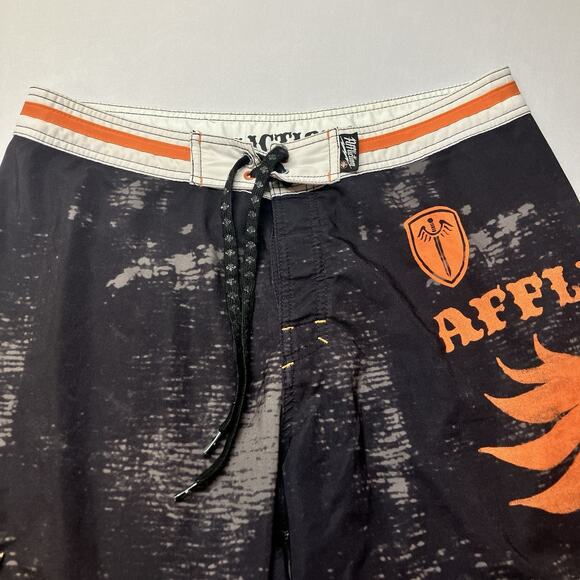 Affliction Board Shorts Black Orange Distressed Patches Swim Trunks Size 36 - Picture 2 of 16